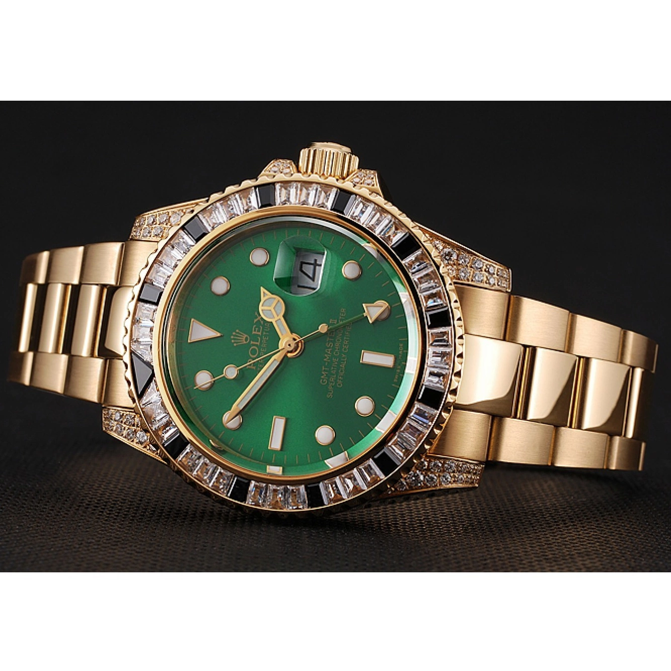 Aaa replica watch Rolex And Stone Bracelet GMT Gold Master Green Swiss Set II Dial 1453748 Case Bezel 0528
